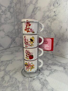 Strawberry Shortcake Ceramic Stackable Mugs – White with Pink Accents (Set of 4)